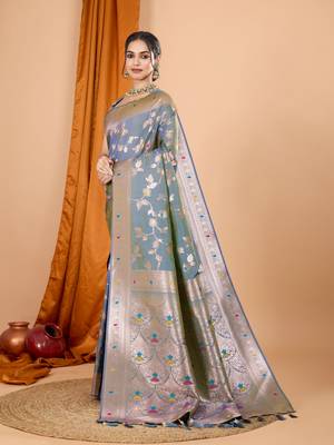 Grey faux banarasi silk blend saree with woven zari work 5