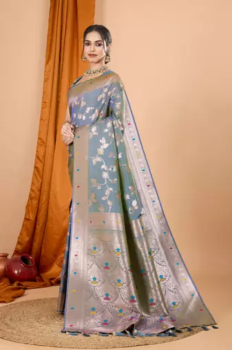 Grey faux banarasi silk blend saree with woven zari work