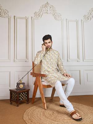 mustard printed with golden zari work kurta 1