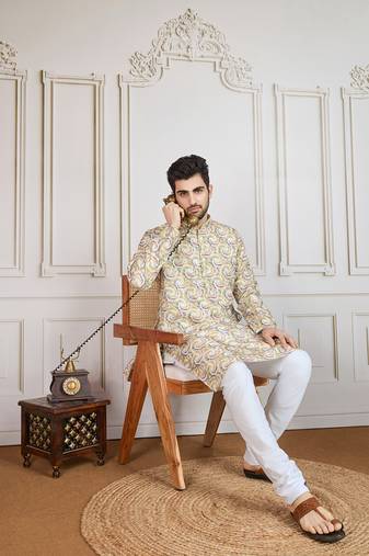 mustard printed with golden zari work kurta