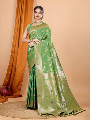 Green faux banarasi silk blend saree with woven zari work 1