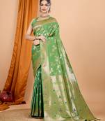 Green banarasi silk blend saree with woven jari work