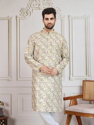 mustard printed with golden zari work kurta 2