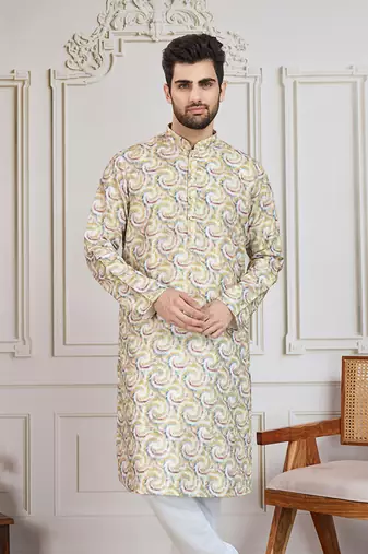 mustard printed with golden zari work kurta