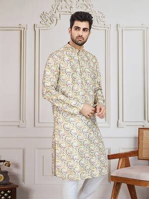 mustard printed with golden zari work kurta 3