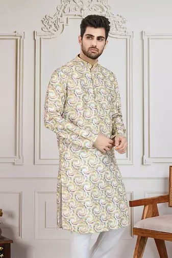 mustard printed with golden zari work kurta