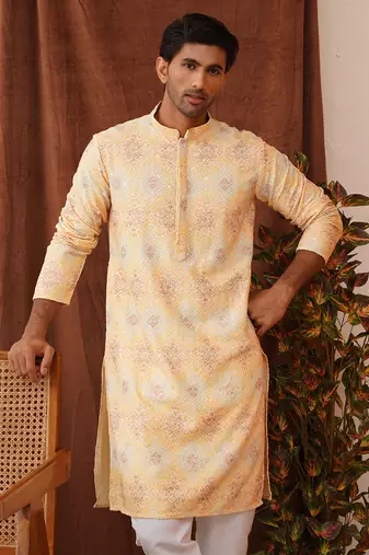 Yellow viscose rayon embroidered kurta pyjama set