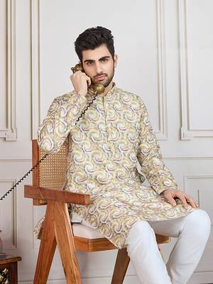 mustard printed with golden zari work kurta 4
