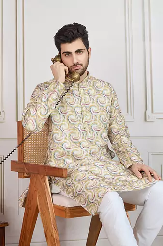 mustard printed with golden zari work kurta