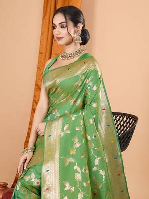 Green faux banarasi silk blend saree with woven zari work 3