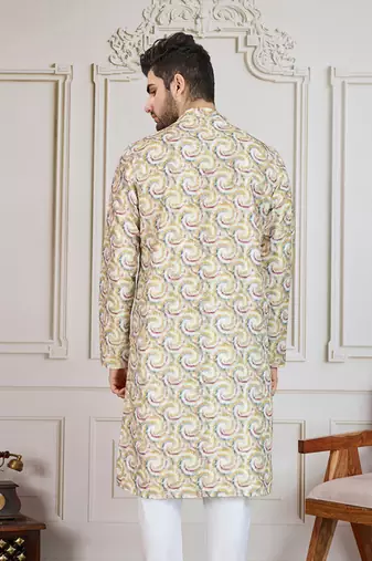 mustard printed with golden zari work kurta