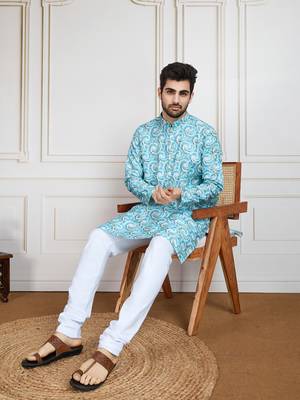 Sky blue printed with golden zari work kurta 1