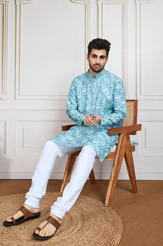 Sky blue printed with golden zari work kurta