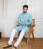 Sky blue printed with golden zari work kurta