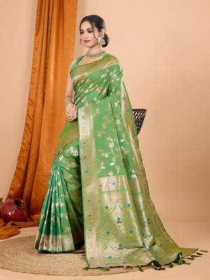 Green faux banarasi silk blend saree with woven zari work 5