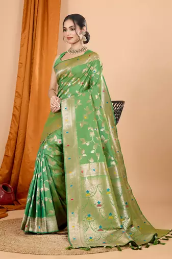 Green faux banarasi silk blend saree with woven zari work