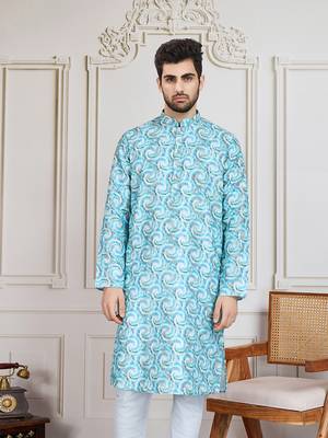 Sky blue printed with golden zari work kurta 2