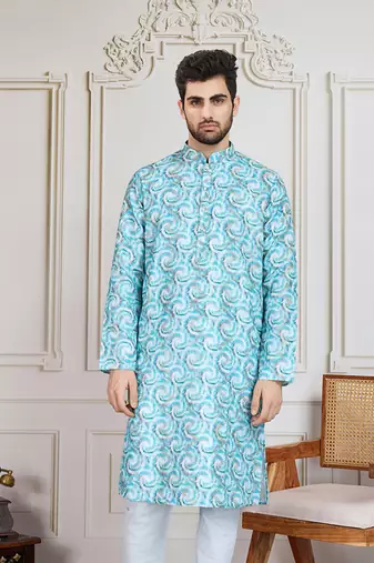 Sky blue printed with golden zari work kurta