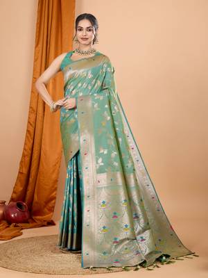 Pista faux banarasi silk blend saree with woven zari work 1
