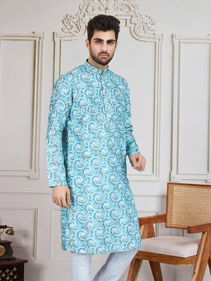 Sky blue printed with golden zari work kurta 3