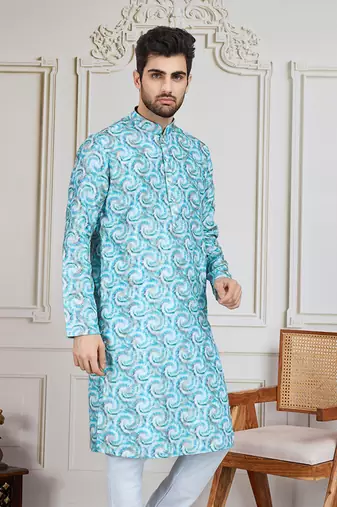 Sky blue printed with golden zari work kurta
