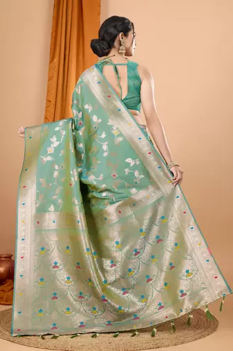 Pista faux banarasi silk blend saree with woven zari work