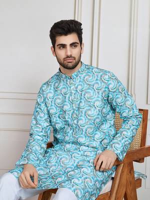 Sky blue printed with golden zari work kurta 4