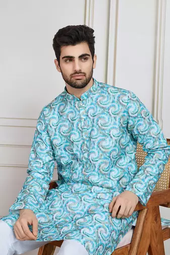 Sky blue printed with golden zari work kurta