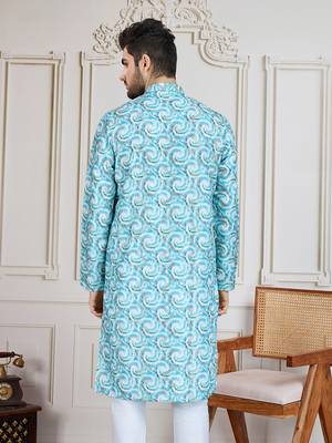 Sky blue printed with golden zari work kurta 5