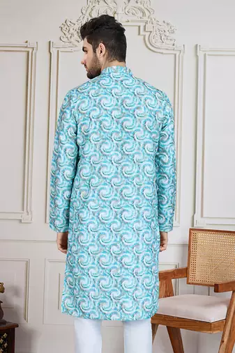 Sky blue printed with golden zari work kurta