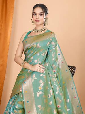 Pista faux banarasi silk blend saree with woven zari work 3