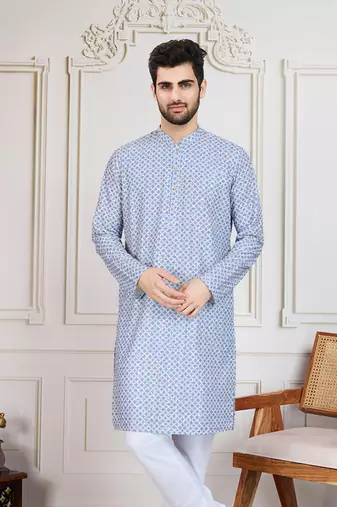 blue printed with sequins work kurta
