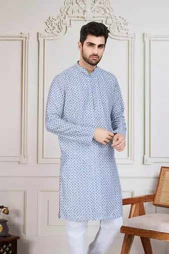 blue printed with sequins work kurta