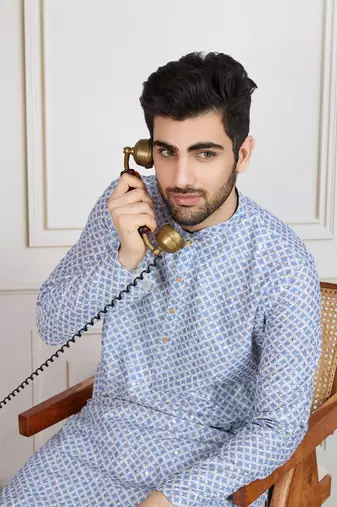 blue printed with sequins work kurta