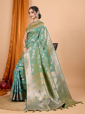 Pista faux banarasi silk blend saree with woven zari work 5