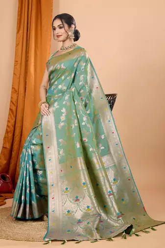 Pista faux banarasi silk blend saree with woven zari work