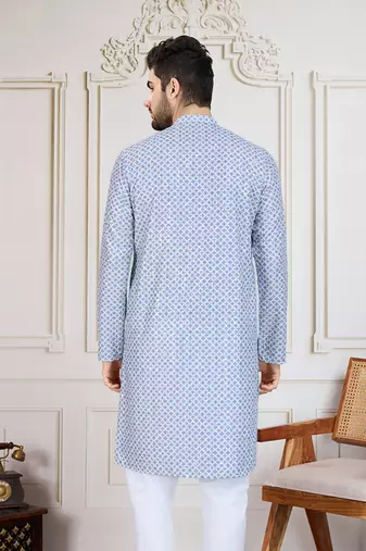 blue printed with sequins work kurta