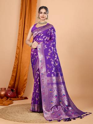 Purple faux banarasi silk blend saree with woven zari work 1