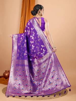 Purple faux banarasi silk blend saree with woven zari work 2