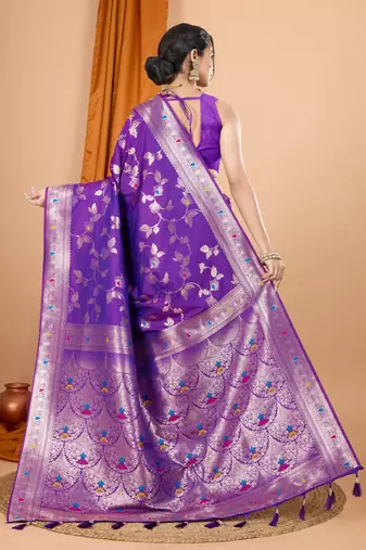 Purple faux banarasi silk blend saree with woven zari work