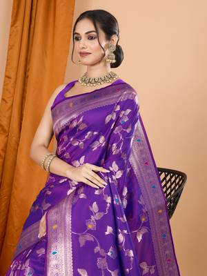 Purple faux banarasi silk blend saree with woven zari work 3