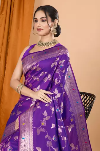 Purple faux banarasi silk blend saree with woven zari work