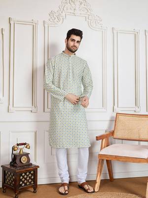 light yellow printed with sequins work kurta 1
