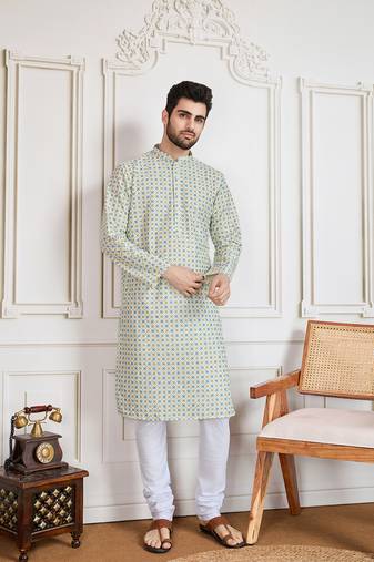light yellow printed with sequins work kurta