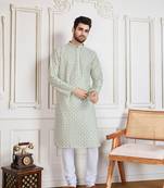 light yellow printed with sequins work kurta