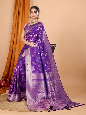 Purple faux banarasi silk blend saree with woven zari work 5
