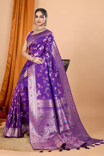 Purple faux banarasi silk blend saree with woven zari work