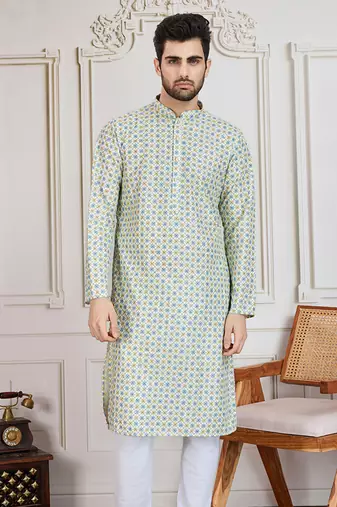 light yellow printed with sequins work kurta