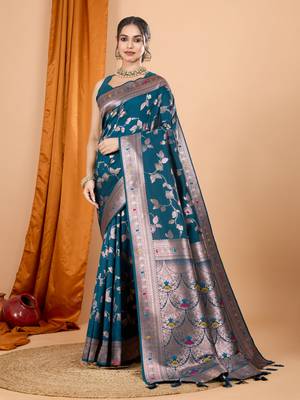Teal faux banarasi silk blend saree with woven zari work 1