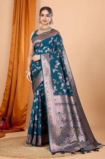 Teal banarasi silk blend saree with woven jari designer work